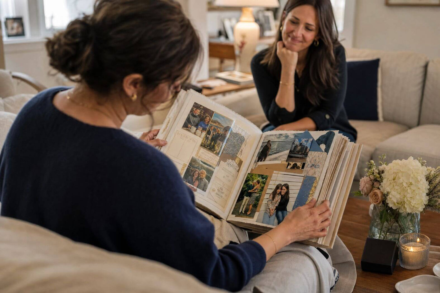 Woman opening a handmade memory book as a thoughtful personal birthday gift