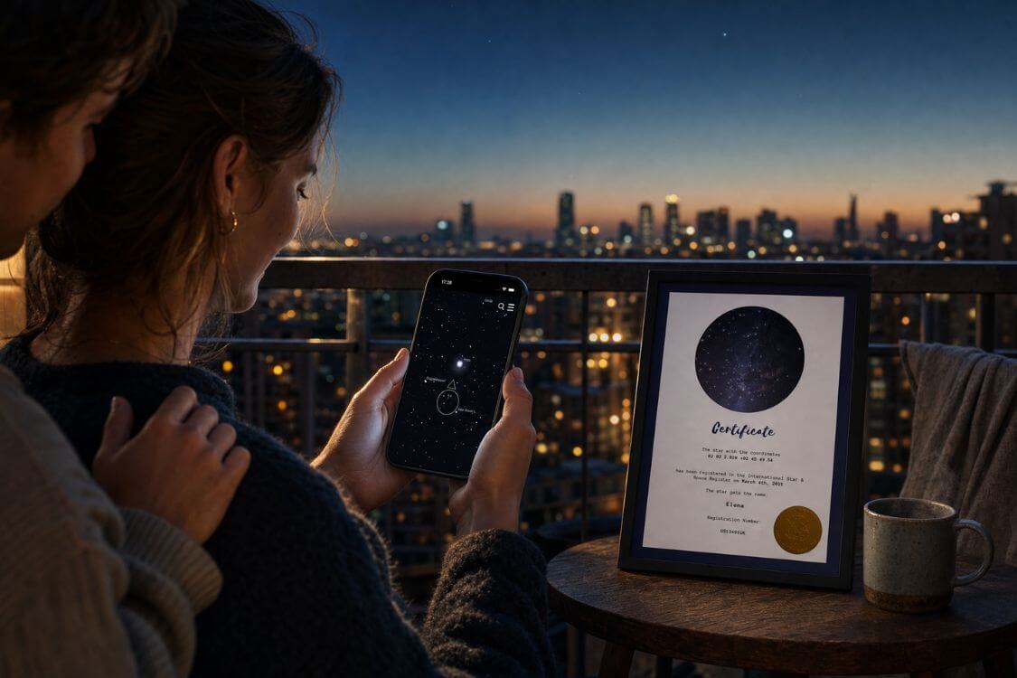 Friends using the Universe Star Finder App beside a personalized star certificate