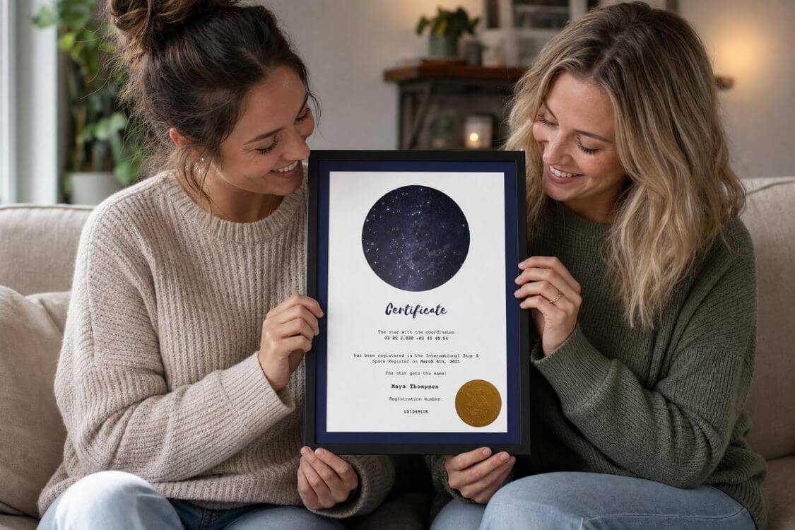Two friends holding a personalized Star-Naming certificate for Maya Thompson