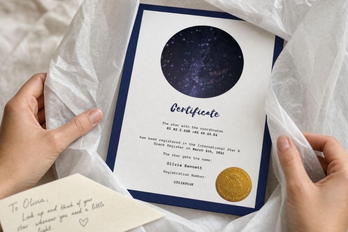 Hands uncovering a personalized star naming certificate and handwritten note