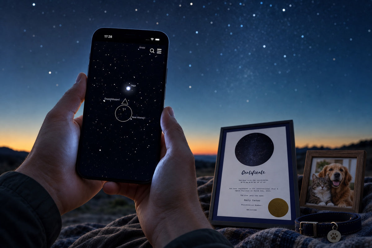 Universe Star Finder App and framed Star-Naming certificate with pet memorial keepsakes