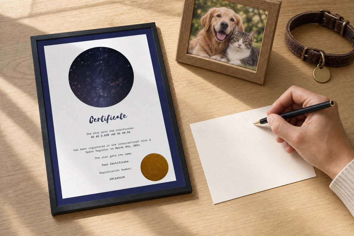 Star-Naming certificate beside a blank pet memorial dedication card and pet keepsakes