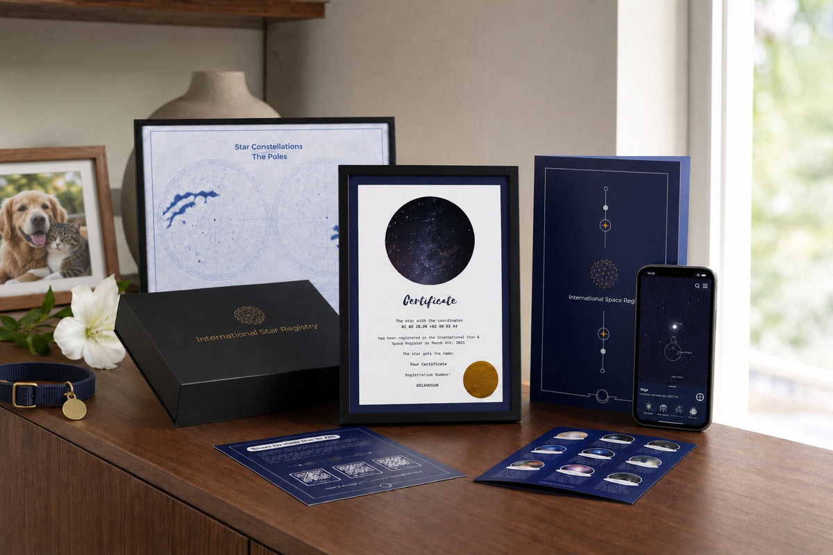 Complete Star-Naming memorial gift set with certificate, constellation poster, app and pet keepsakes