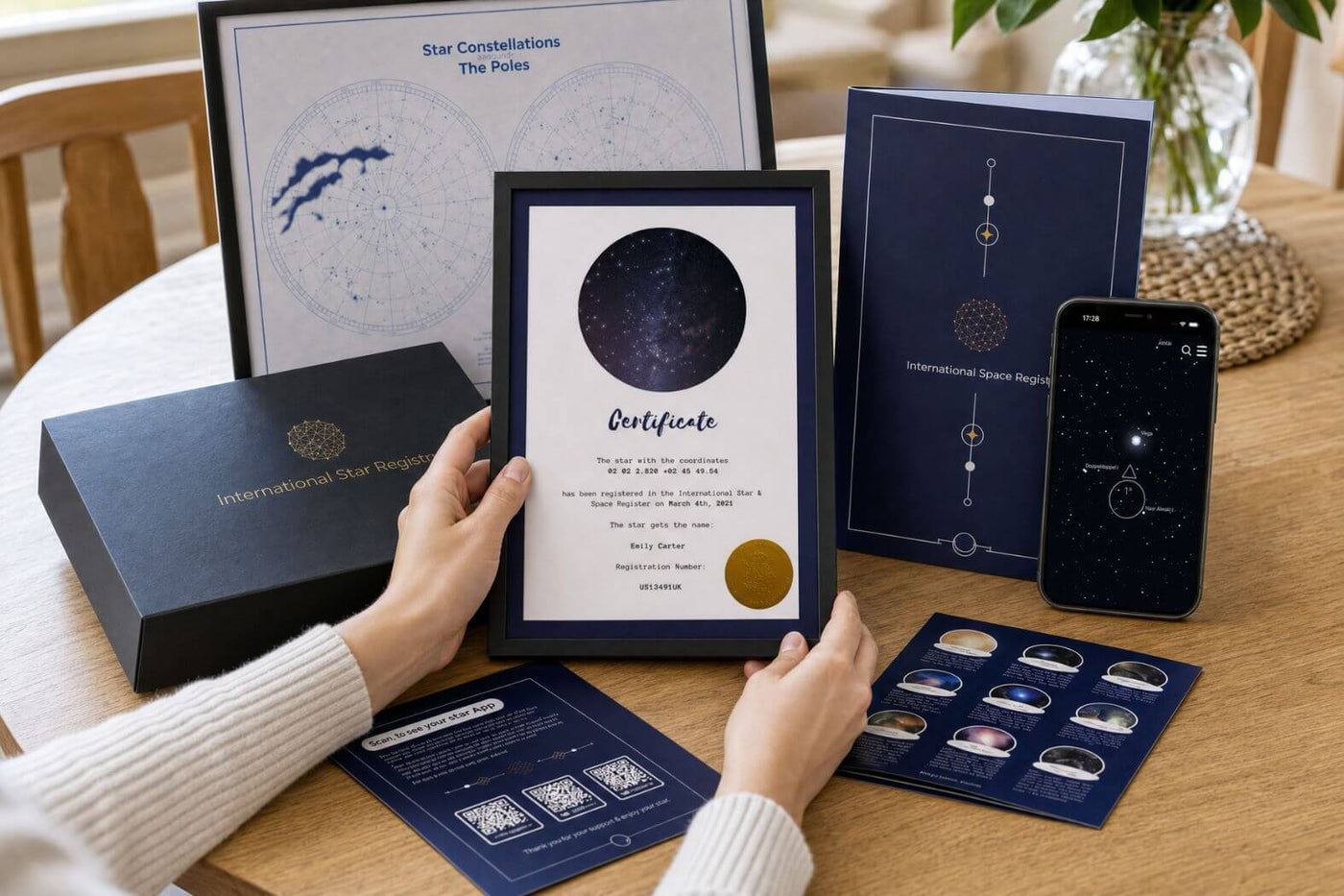 Printed Star-Naming.com certificate with presentation folder, star map and gift set