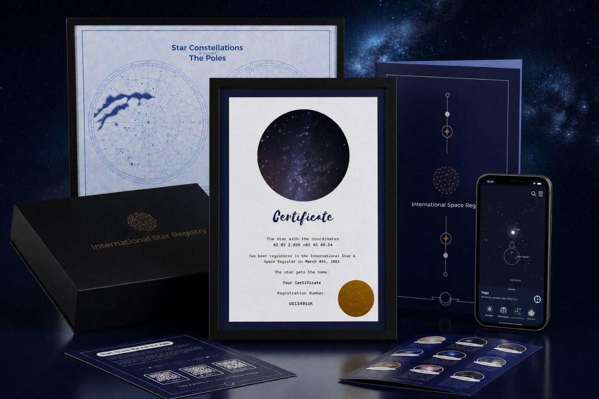 Authentic complete Star-Naming gift set with certificate, constellation poster, folder, printed materials and app