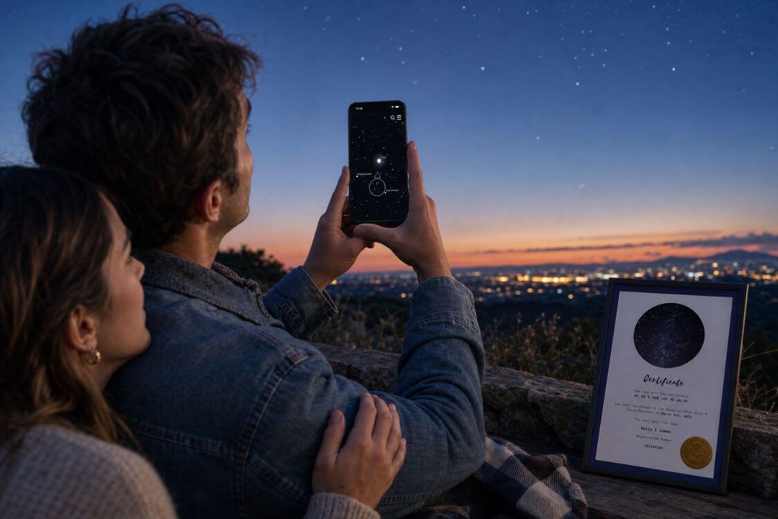 Reunited couple using the Universe Star Finder App beside their personalized star certificate