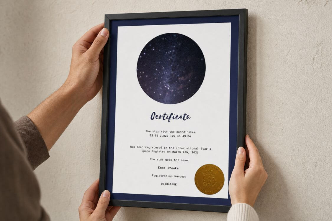Couple placing a personalized Star-Naming certificate for Emma Brooks on the wall