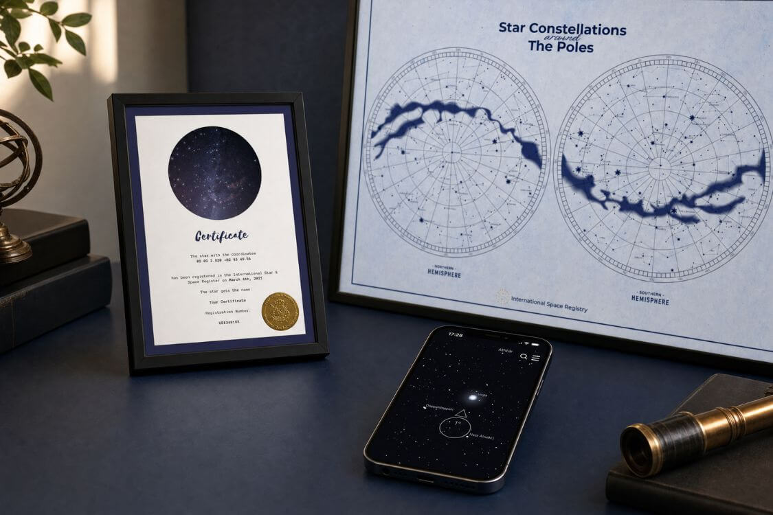 Star-Naming.com certificate, star chart and Universe Star Finder App for a selected star