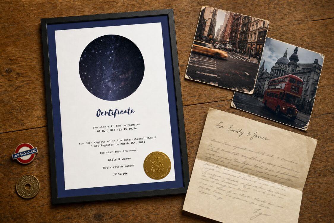 Personalized star certificate with travel photographs and a letter for a long-distance couple