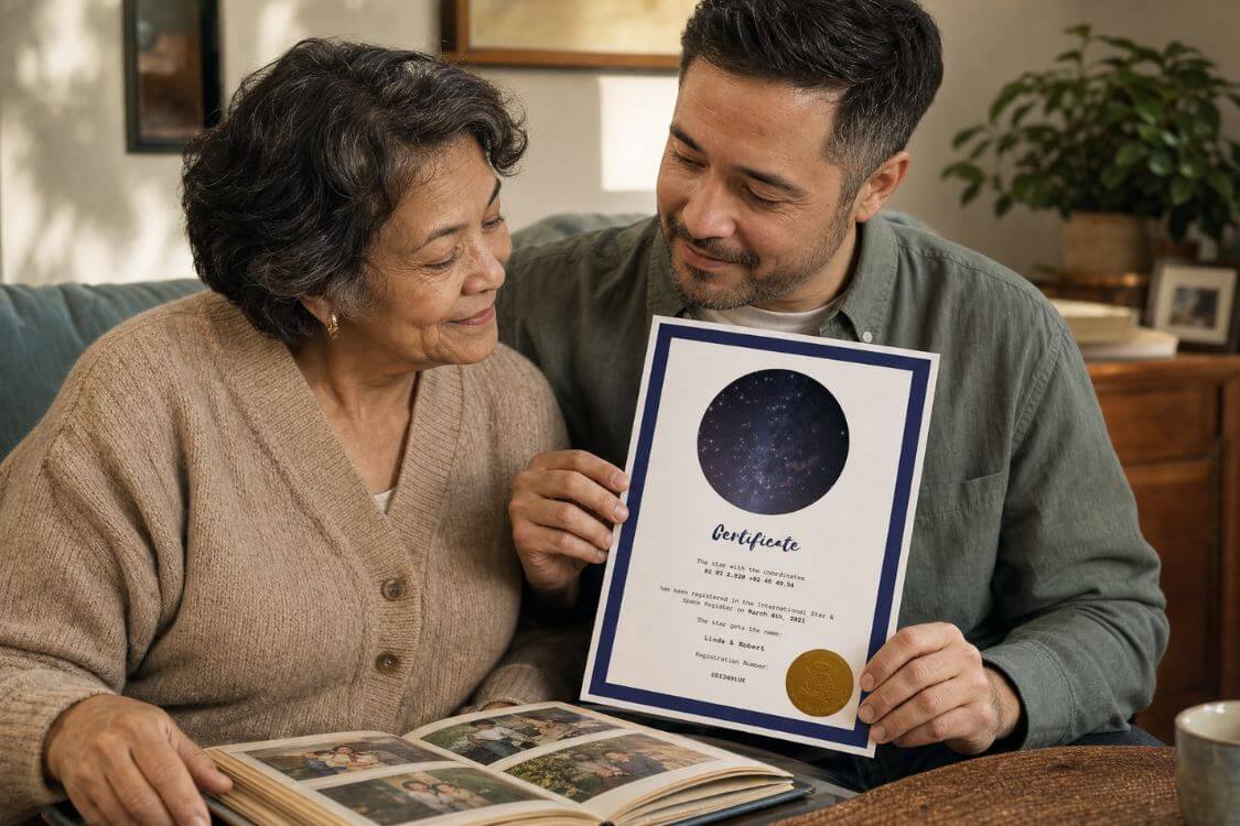Adult son showing his mother a personalized star certificate beside a family photo album