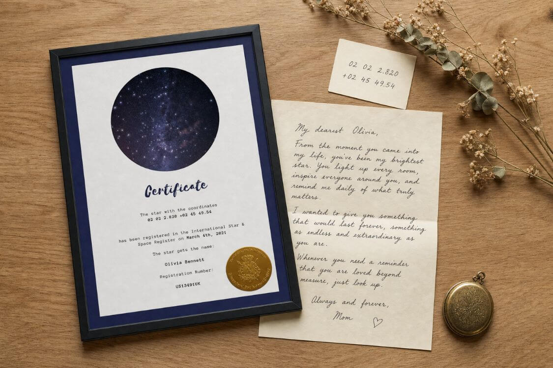 Framed star naming certificate beside a personal letter and coordinate clue