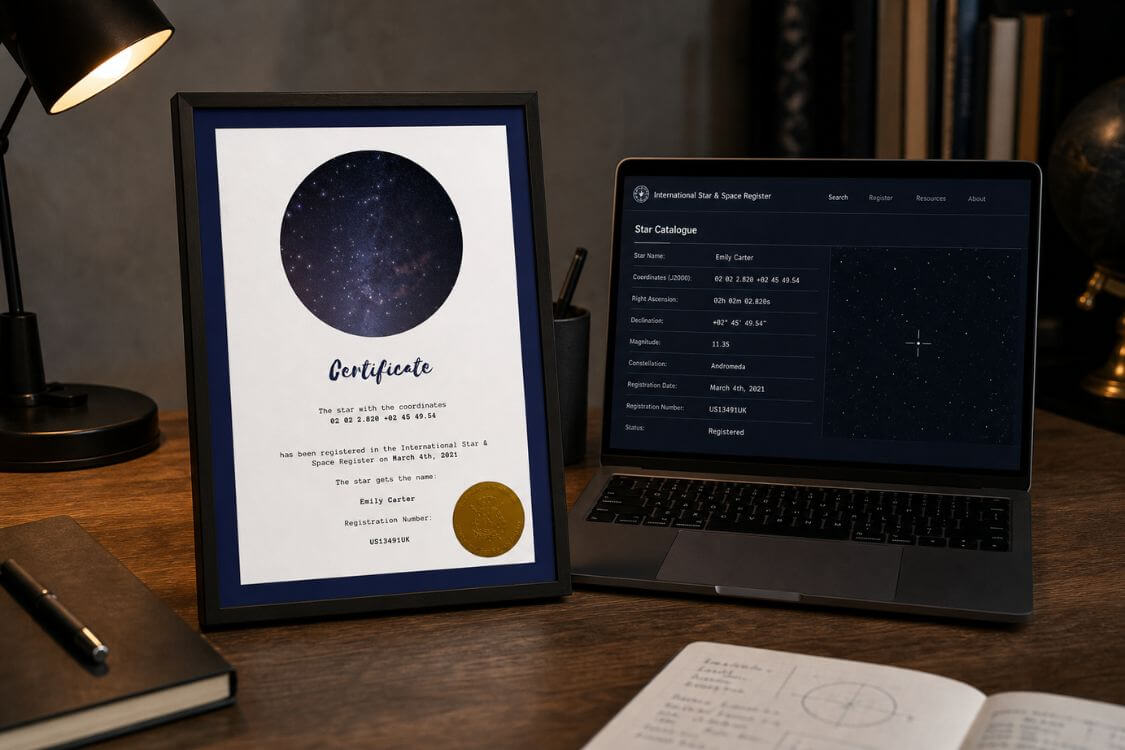 Star-Naming certificate for Emily Carter beside a digital star catalogue record