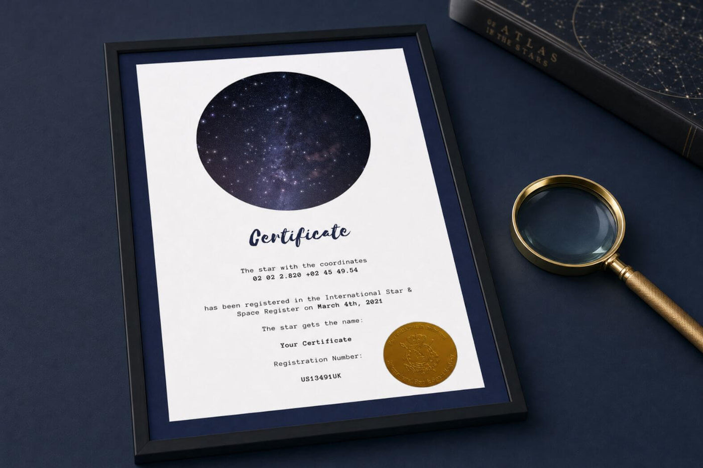 Star-Naming.com certificate displaying the assigned star coordinates