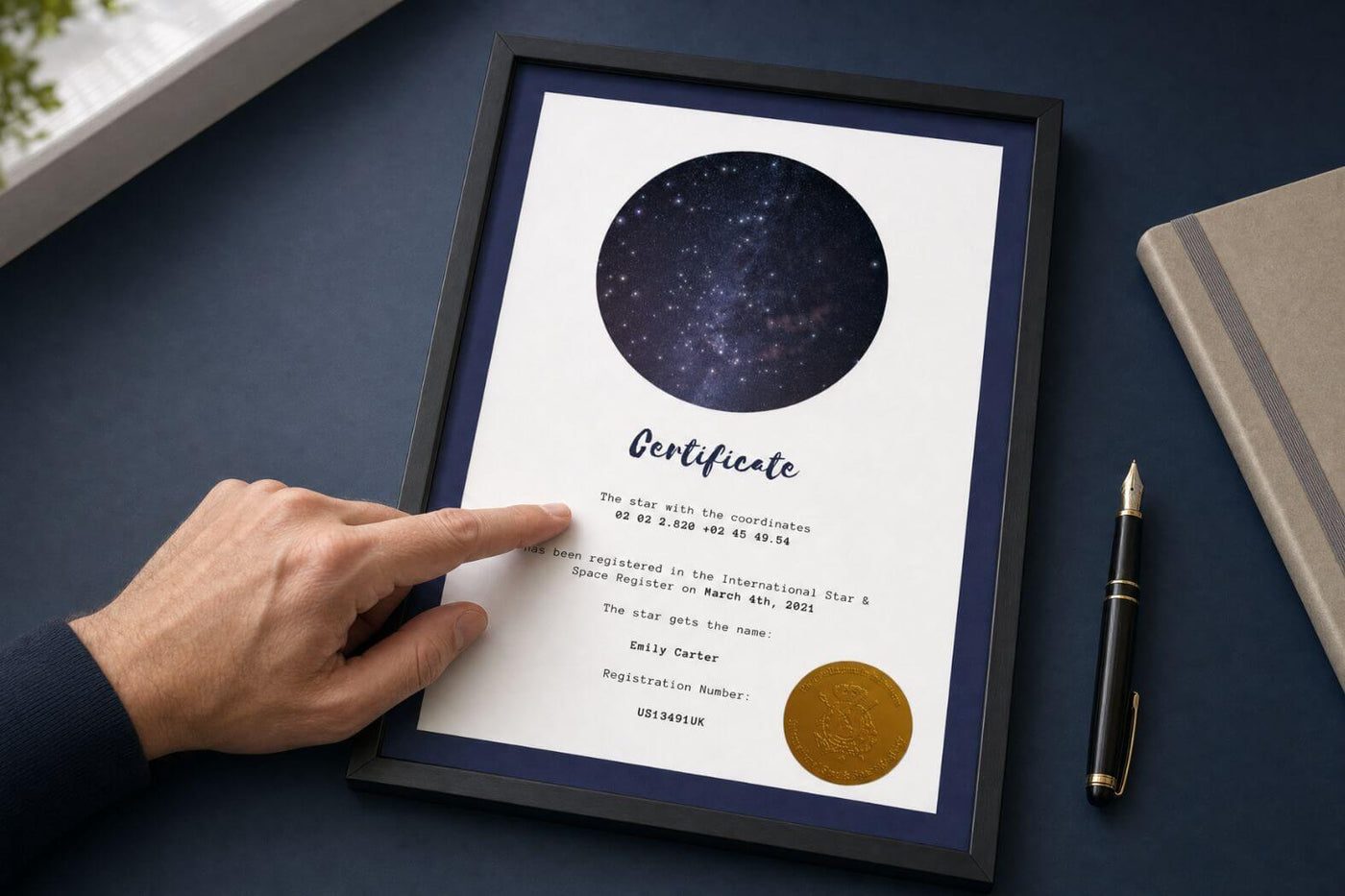 Close-up of a Star-Naming.com certificate showing coordinates, registration date and number
