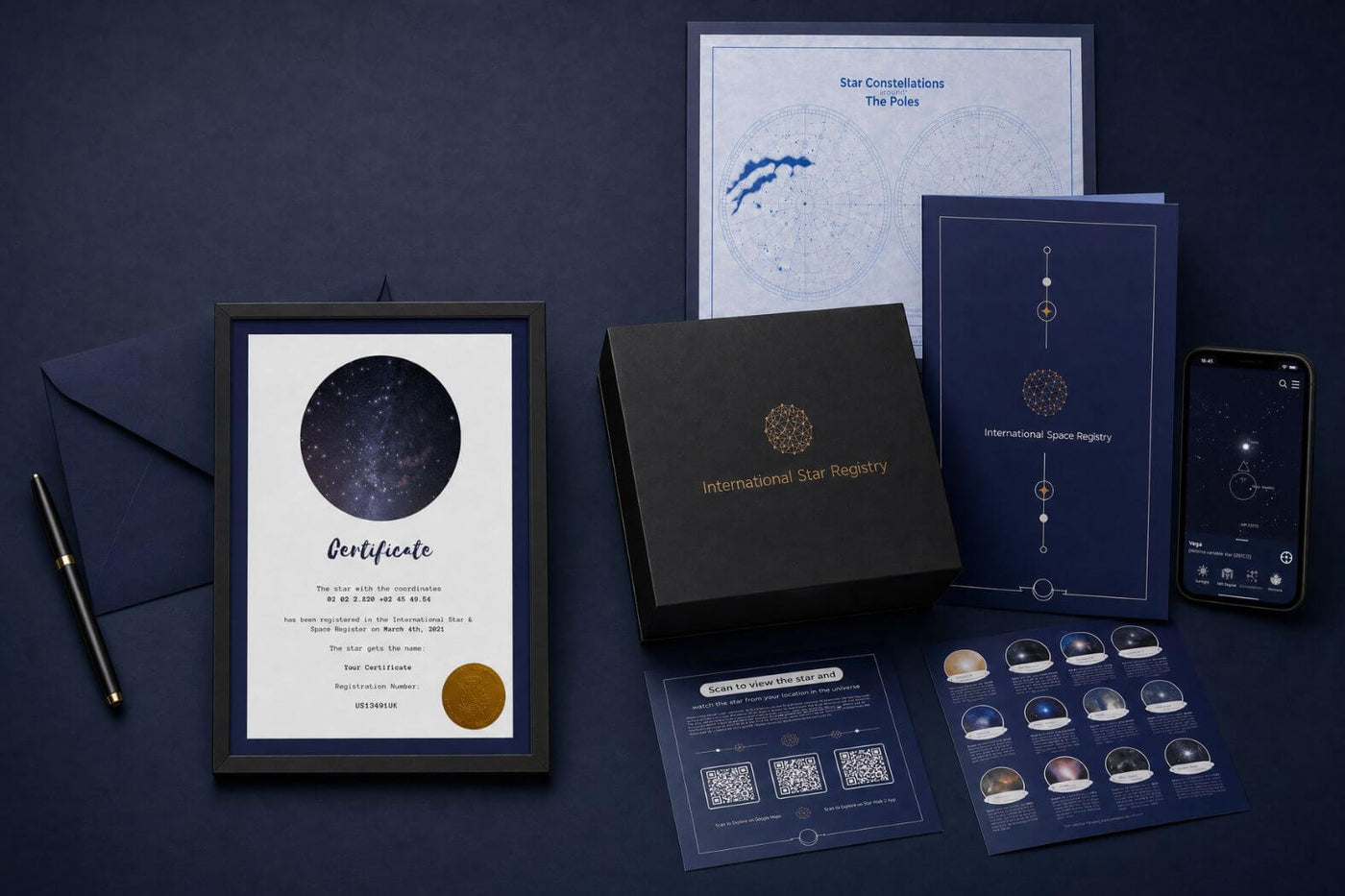 Star-Naming certificate beside a complete physical star naming gift set