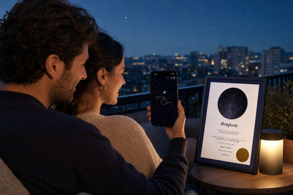 Couple using the Universe Star Finder App beside a personalized star certificate