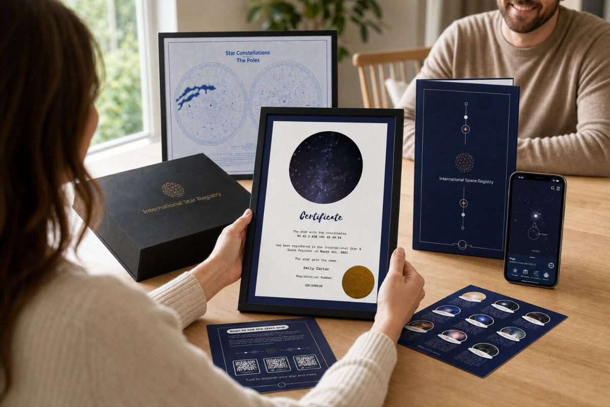 Complete Star-Naming.com gift set with personalized Emily Carter certificate