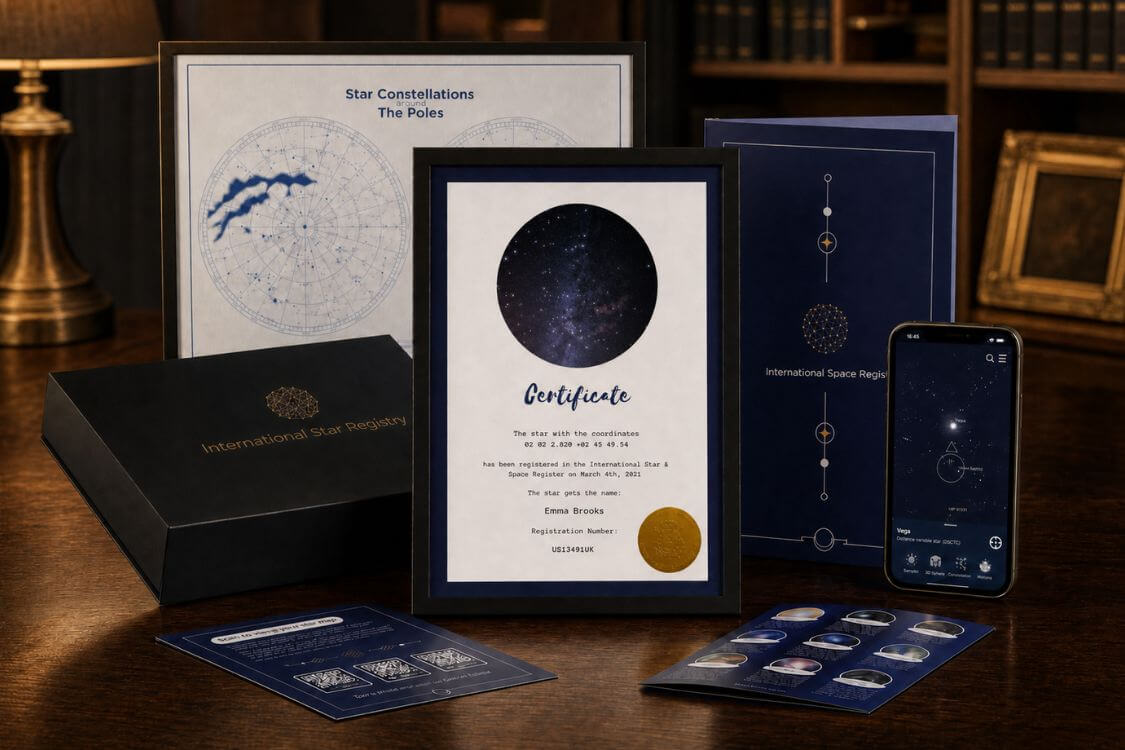 Complete Star-Naming gift set for a couple with certificate, magnetic box, folder and constellation poster
