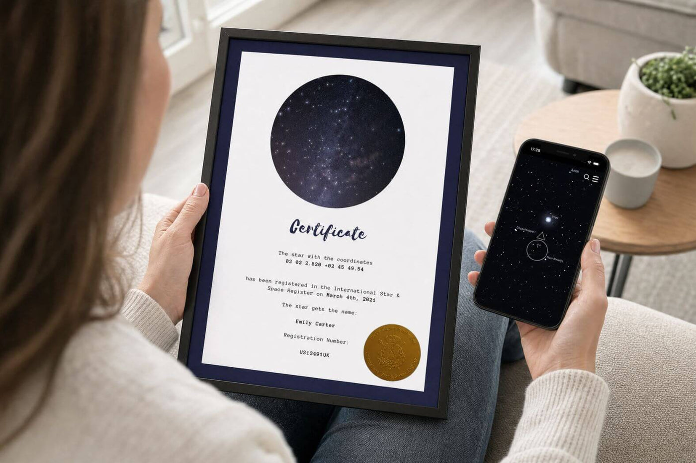 Recipient comparing a Star-Naming.com certificate with the Universe Star Finder App