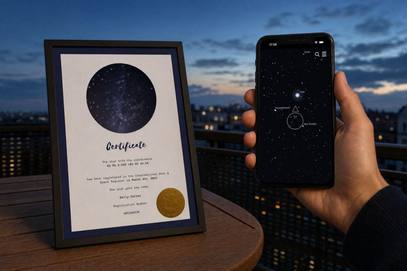 Star-Naming.com certificate and Universe Star Finder App used to access a registered star