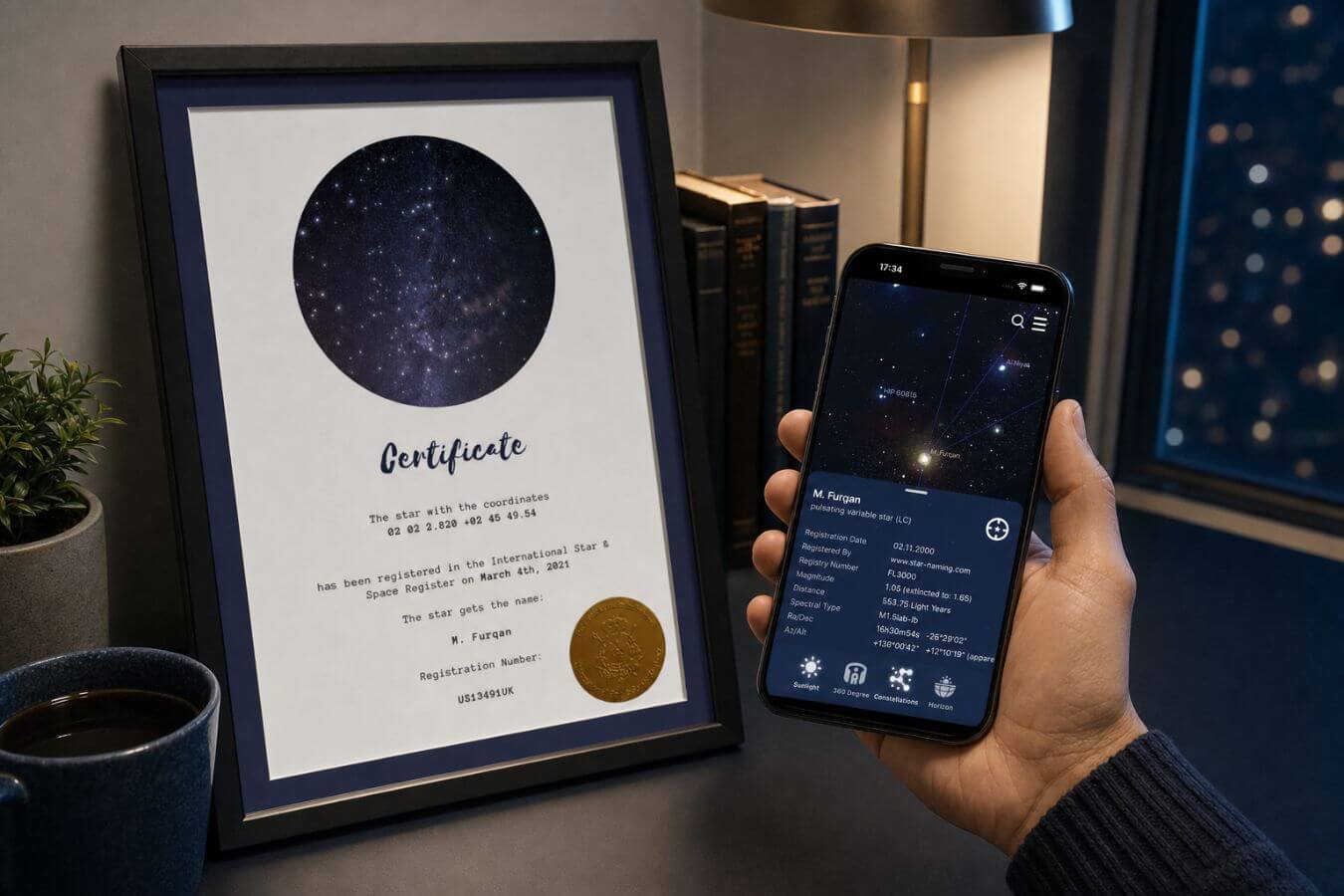 Smartphone displaying a star map beside a personalized Star-Naming.com certificate