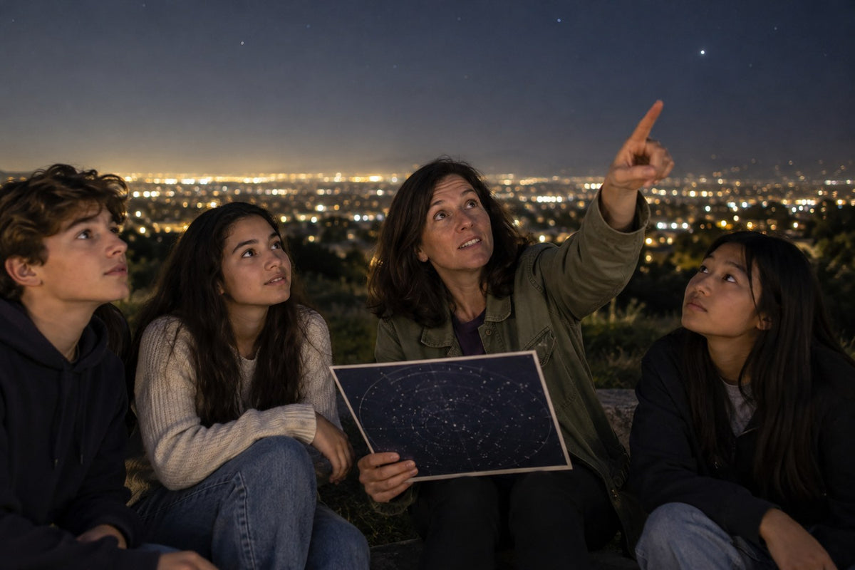 Teacher and students exploring the evening sky with a star chart