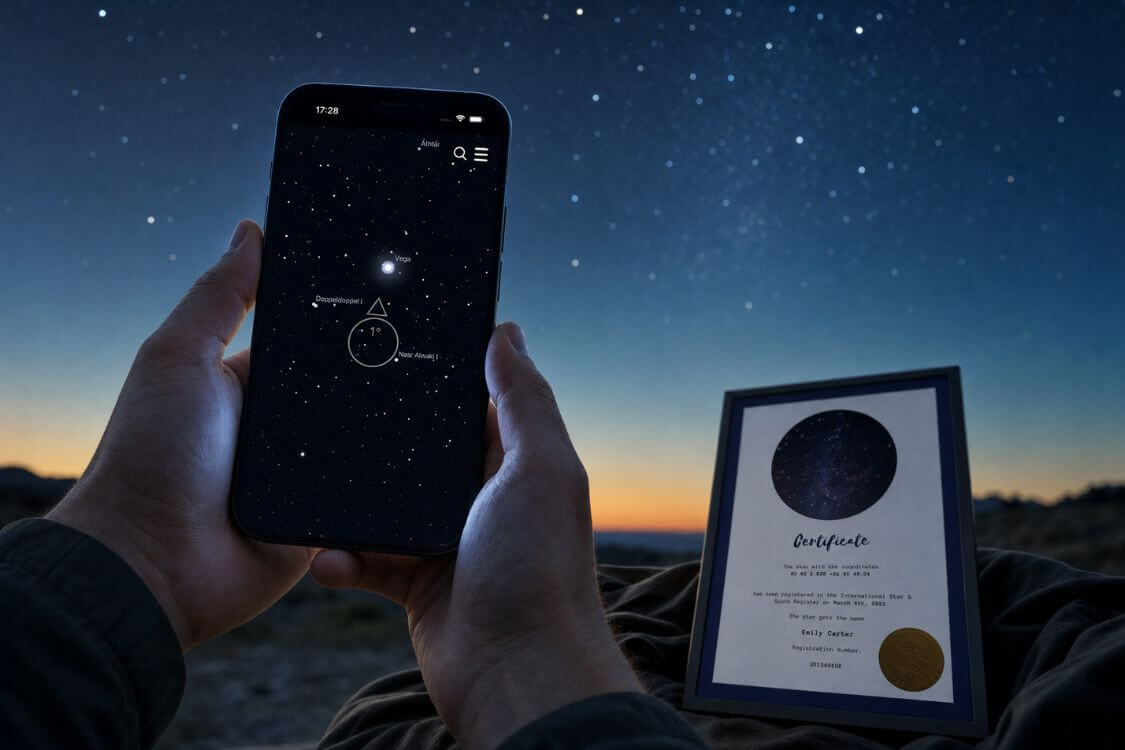 Person using the Universe Star Finder App with AR beside a personalized star certificate