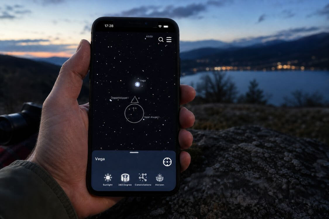 Universe Star Finder app displaying Vega during outdoor stargazing