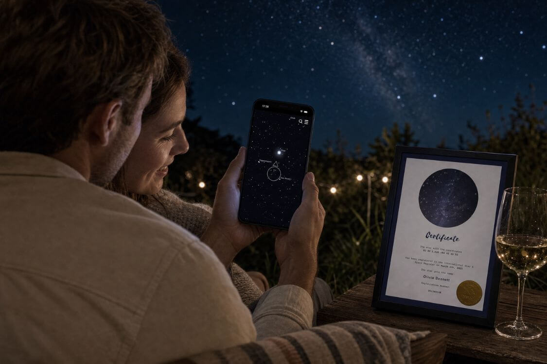 Couple using the Universe Star Finder App after receiving a star naming gift