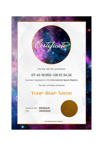 Star Naming Certificate Galaxy Purple Dream