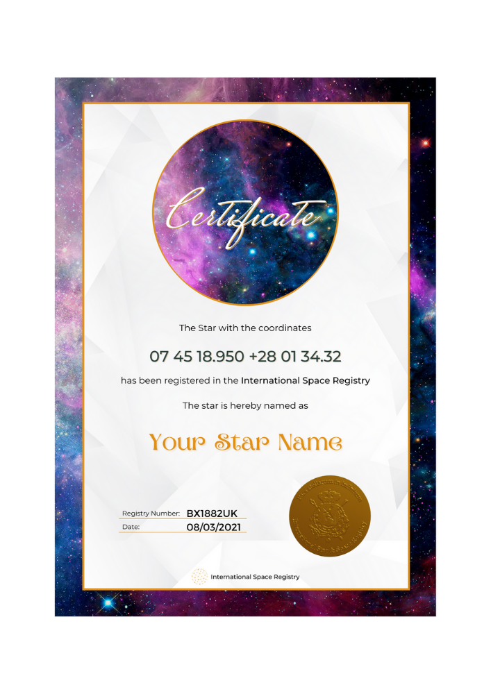 Star Naming Certificate Galaxy Purple Dream